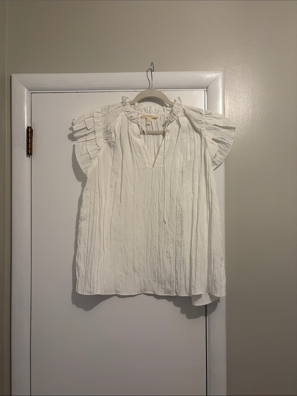 White Ruffled Cap-Sleeve Tie-Neck Blouse